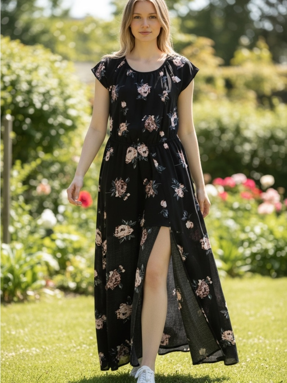 Mimi Chica Black Floral Jumpsuit with Pink Rose Print Of The shoulder Size L